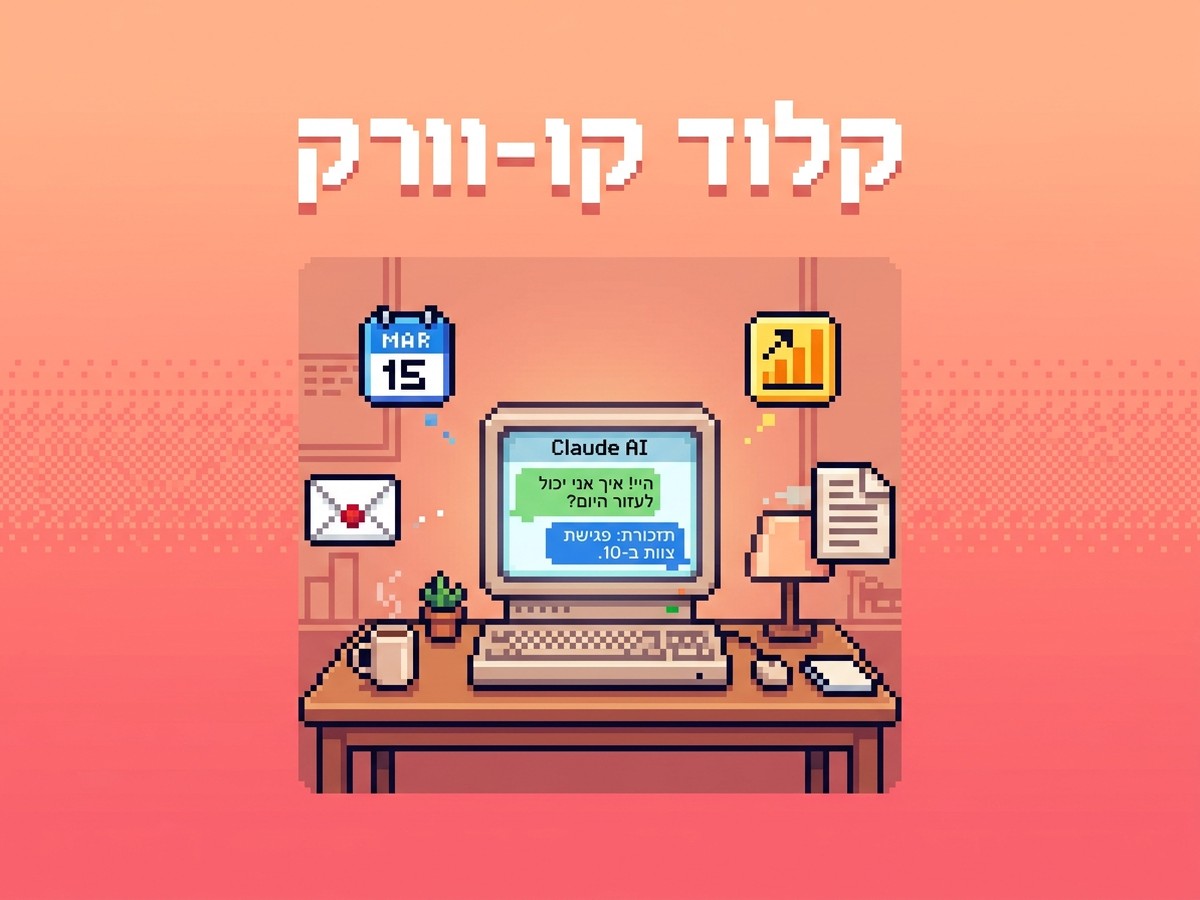מדריך קלוד קו-וורק — 15 שימושים מעשיים לאוטומציה ויעילות עם בינה מלאכותית, איור פיקסל ארט