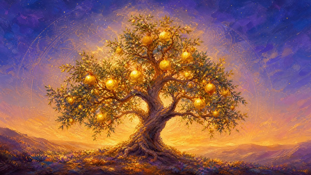 תודעת שפע painterly - עץ עם פרי-זהב על דמדומים