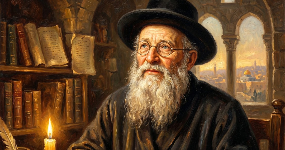 דיוקן מצויר של הרב אברהם יצחק הכהן קוק, הראיה קוק, יושב בין ספרים מול נוף ירושלים