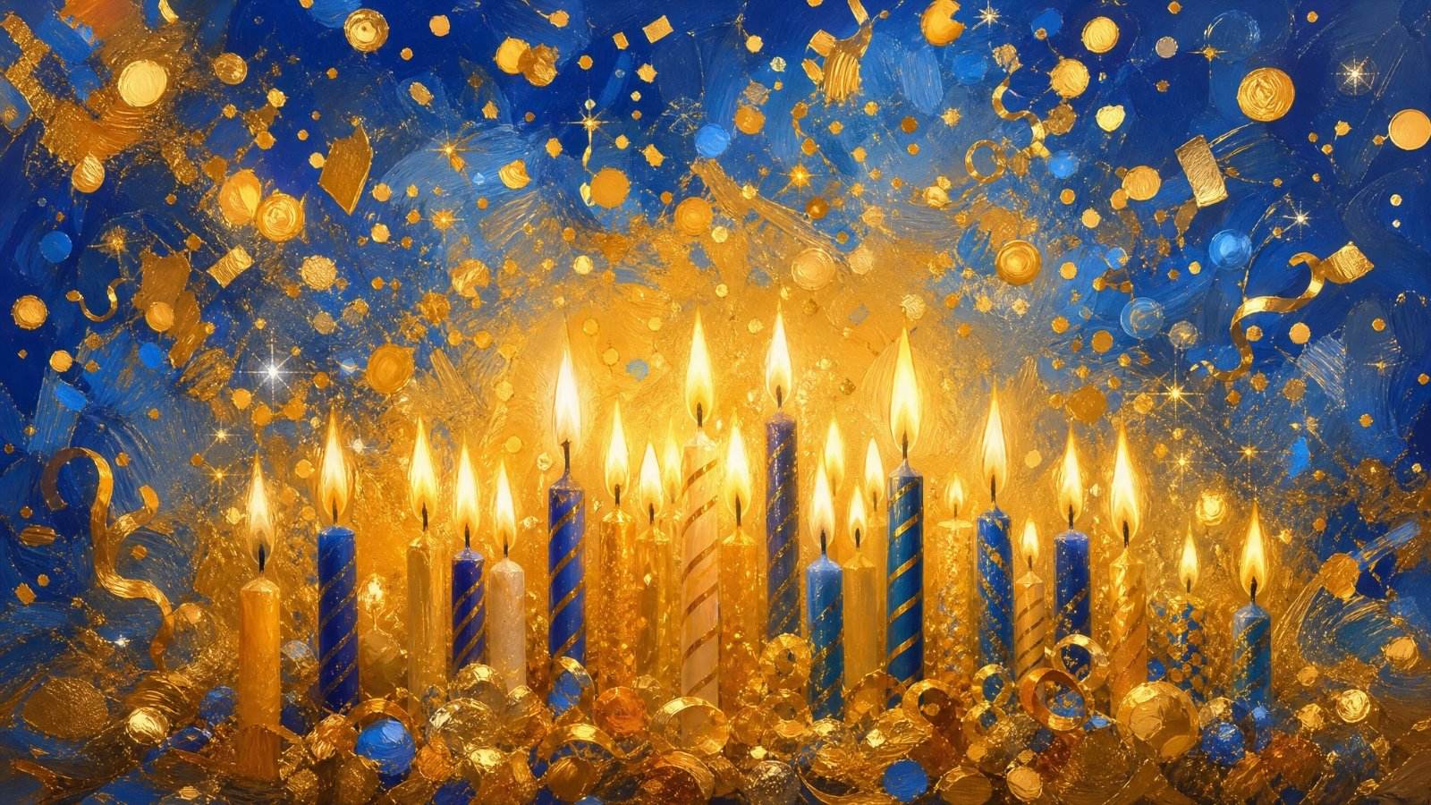 ברכות ליום הולדת, נרות חגיגיים וקונפטי זהב על רקע נייבי, ציור שמן בסגנון האתר