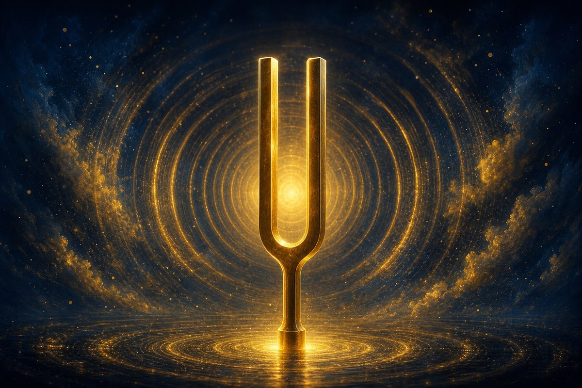 מזלג קול זהוב מקרין גלי תדר, מוזיקת תדרים למדיטציה