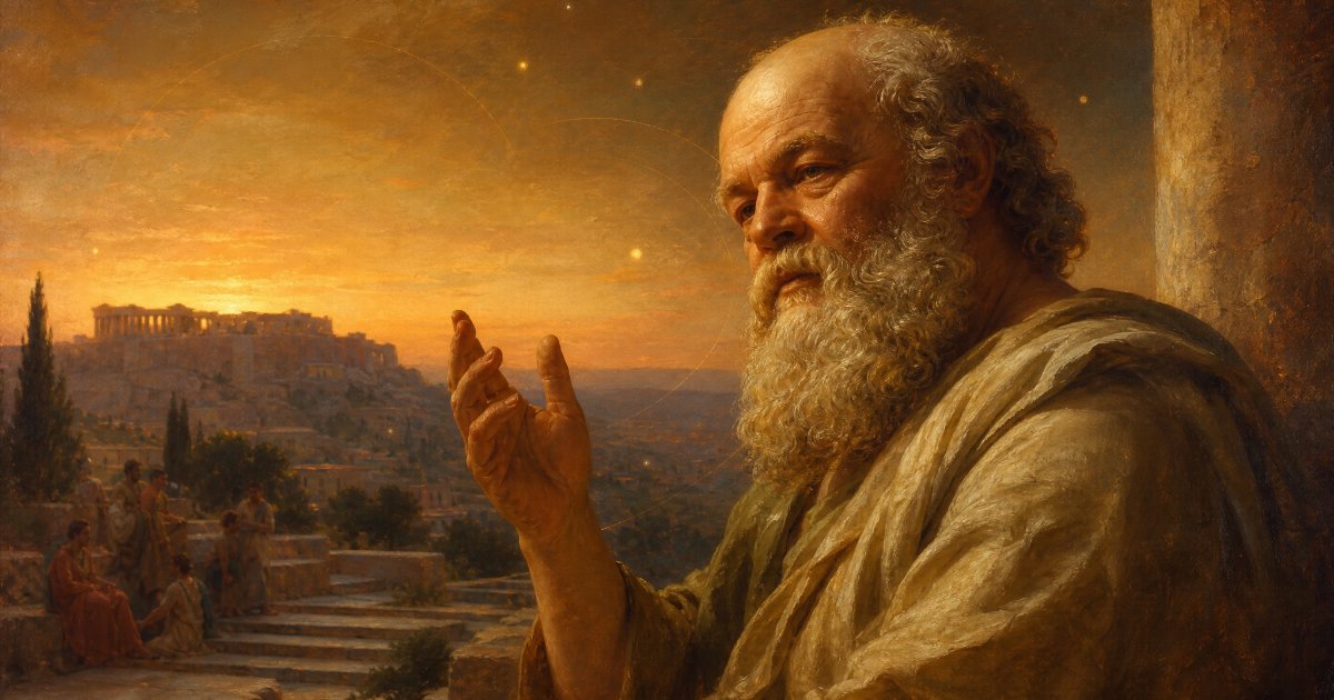דיוקן ציורי של סוקרטס, פילוסוף יווני, במחוות שאלה על רקע האקרופוליס באור זהוב