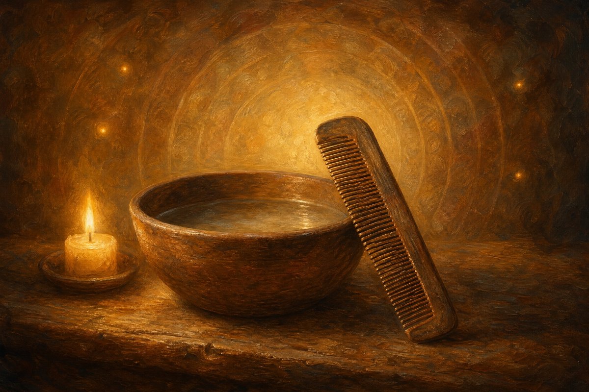 מסרק עץ עתיק מונח לצד קערת חרס באור נרות חם, ציור בסגנון פיינטרלי, סמל לניקוי של מטרד קטן