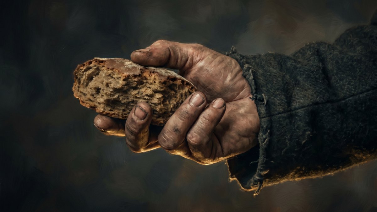 יד מחוספסת מושיטה פרוסת לחם כמחווה של נתינה, סמל לערכי היצירה בספר האדם מחפש משמעות