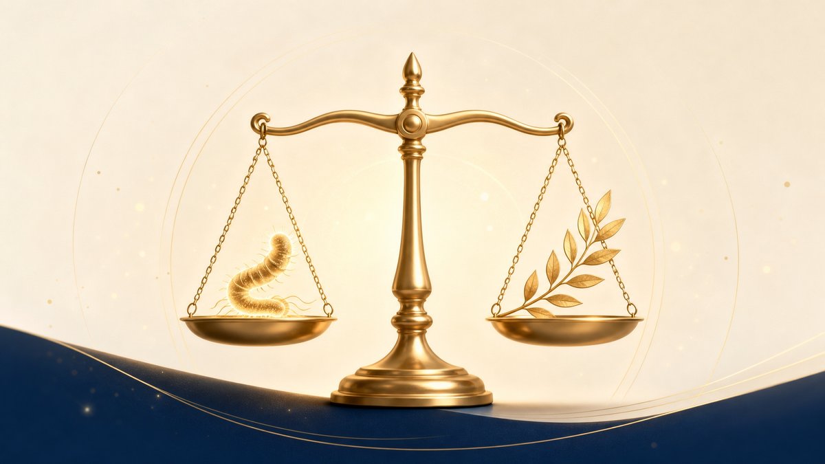 מאזניים מאוזנים עם חיידק הליקובקטר בכף אחת ועלה בשנייה, המחשה לצדדים השונים של הנשאות