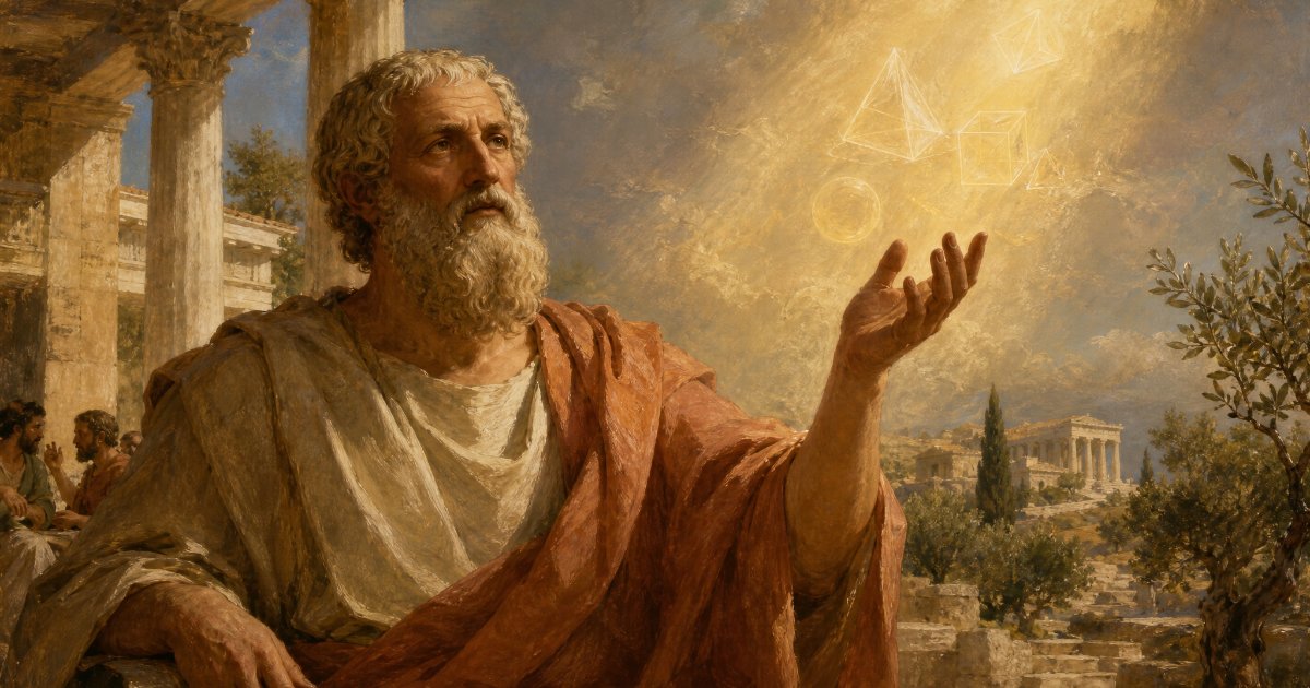 דיוקן ציורי של אפלטון, פילוסוף יווני, על רקע האקדמיה של אתונה וקרן אור מבעד לעמודים