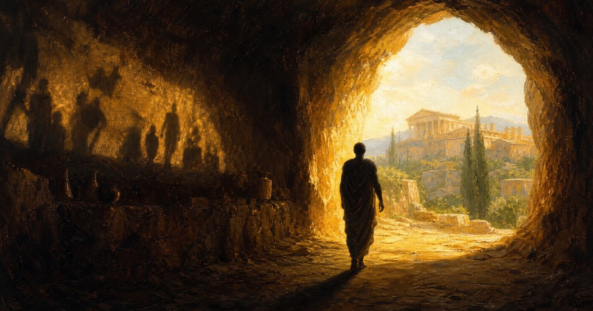 המחשה ציורית של משל המערה של אפלטון: דמות יוצאת ממערה אפלה אל אור