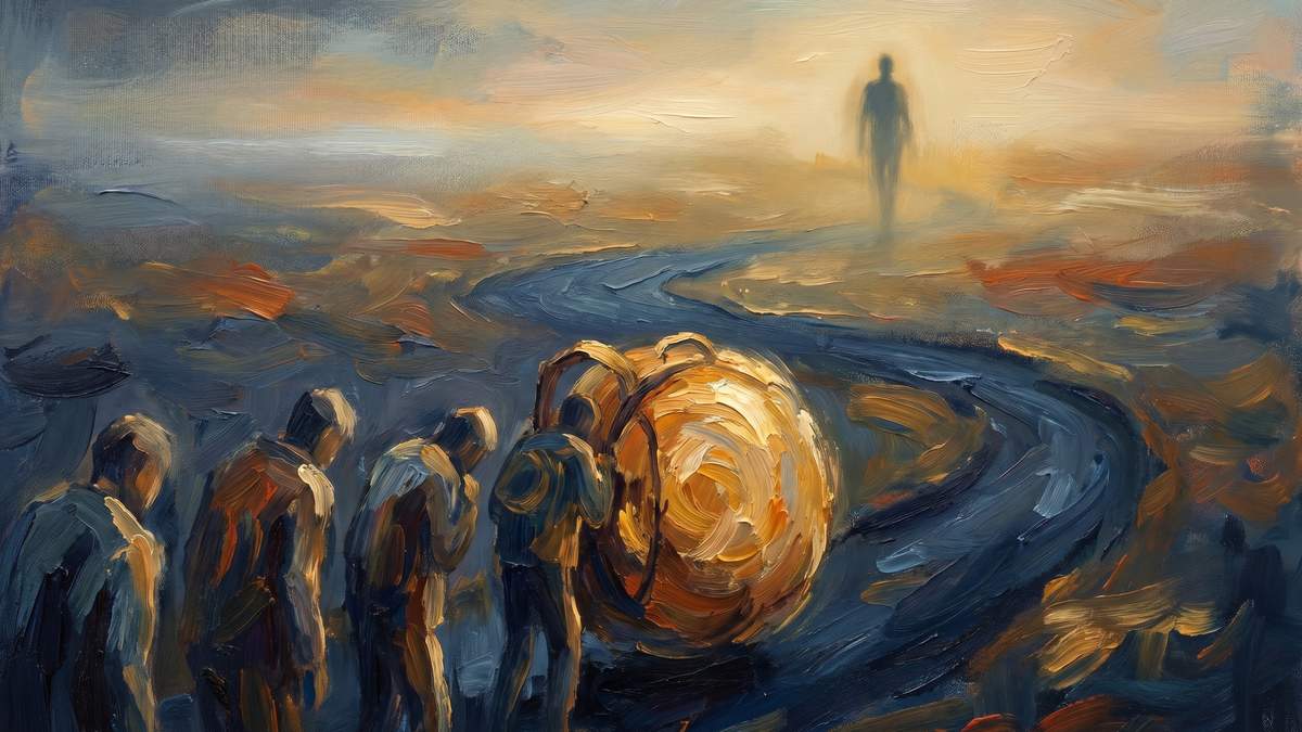דמויות צועדות בשביל אל אור רחוק, המחשה לעצמי העתידי שנושא את העומס שאנחנו דוחים להיום