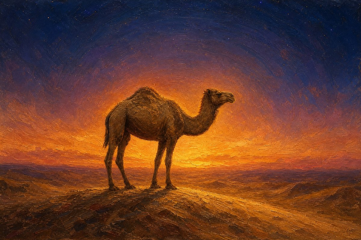 גמל בודד עומד על רכס דיונה רחב בשעת ערביים חמה, ציור בסגנון פיינטרלי, סמל למרחק ולמסע ארוך