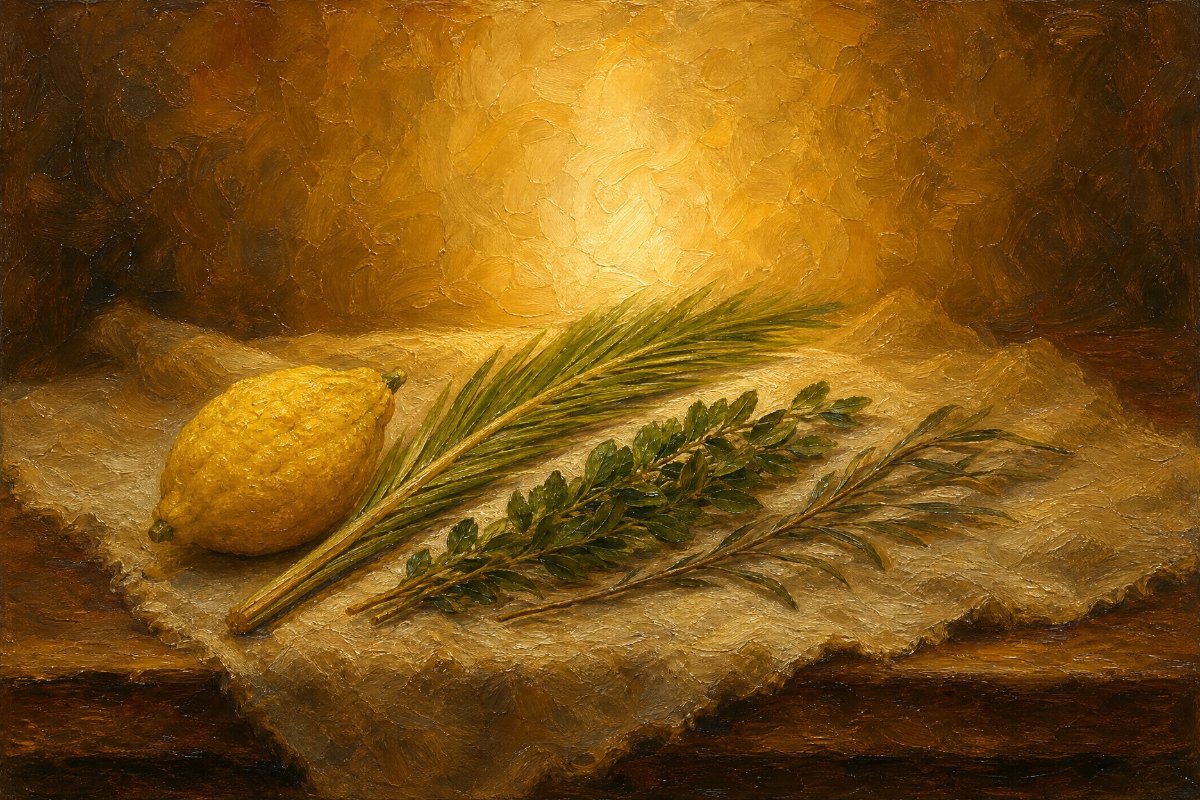 ציור שמן פיינטרלי של אתרוג צהוב, כף תמר סגורה, ענפי הדס וערבה מונחים יחד על בד פשתן באור נרות, לדף ארבעת המינים