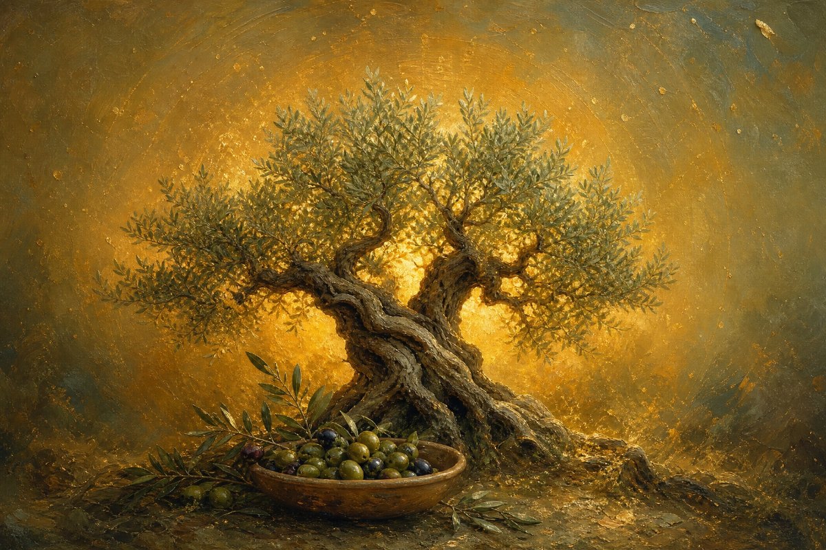 ציור שמן פיינטרלי של עץ זית עתיק בעל גזע מפותל ועלים כסופים באור זהוב, וקערת חרס מלאה זיתים בחזית, לדף חלום על זית