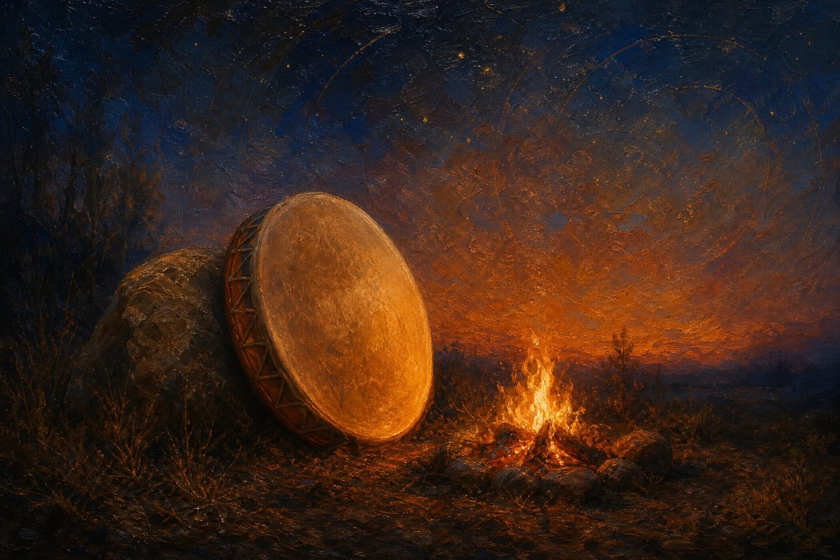 ציור שמן פיינטרלי של תוף מסגרת עגול נשען על אבן ליד אש קטנה ורגועה בקרחת יער בליל דמדומים, לדף שמאניזם וחלומות