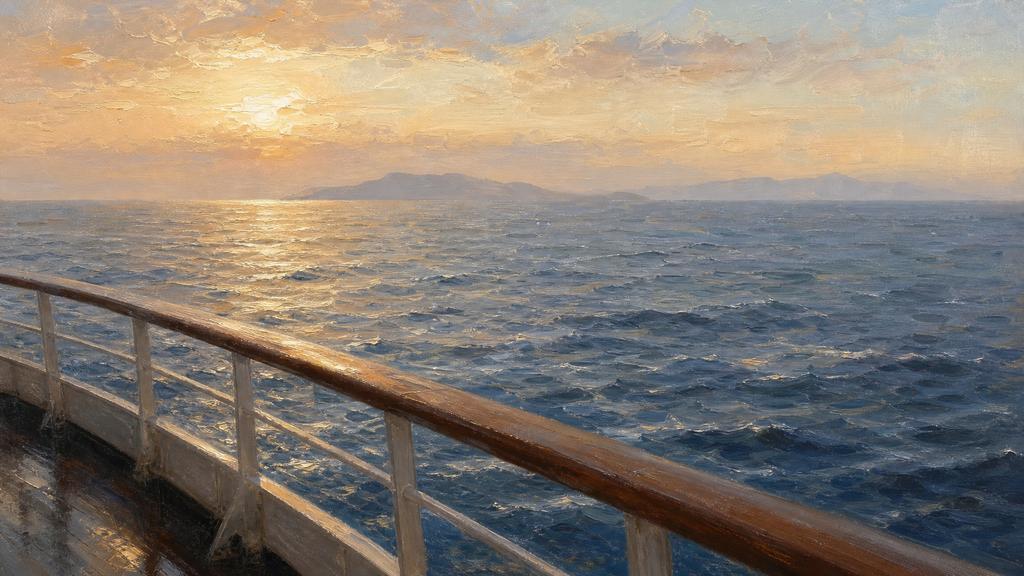 מעקה סיפון של אונייה בים באור מוקדם, מים פתוחים לפנים וקו יבשה קלוש באופק ומעברו קו שני קלוש יותר
