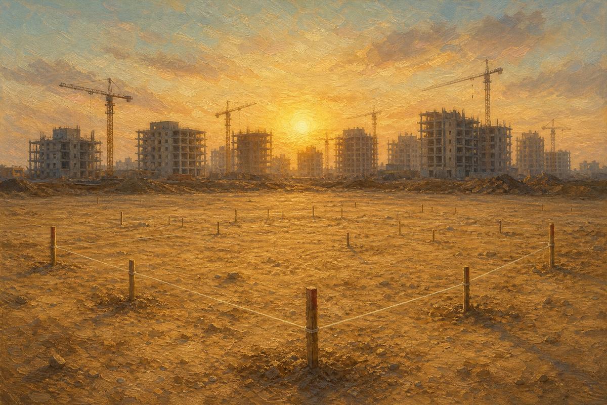 מגרש חול ריק ורחב עם יתדות מדידה וחוטים שמסמנים תוכנית, ומאחוריו קו רקיע של מגדלי מגורים בבנייה עם מנופים