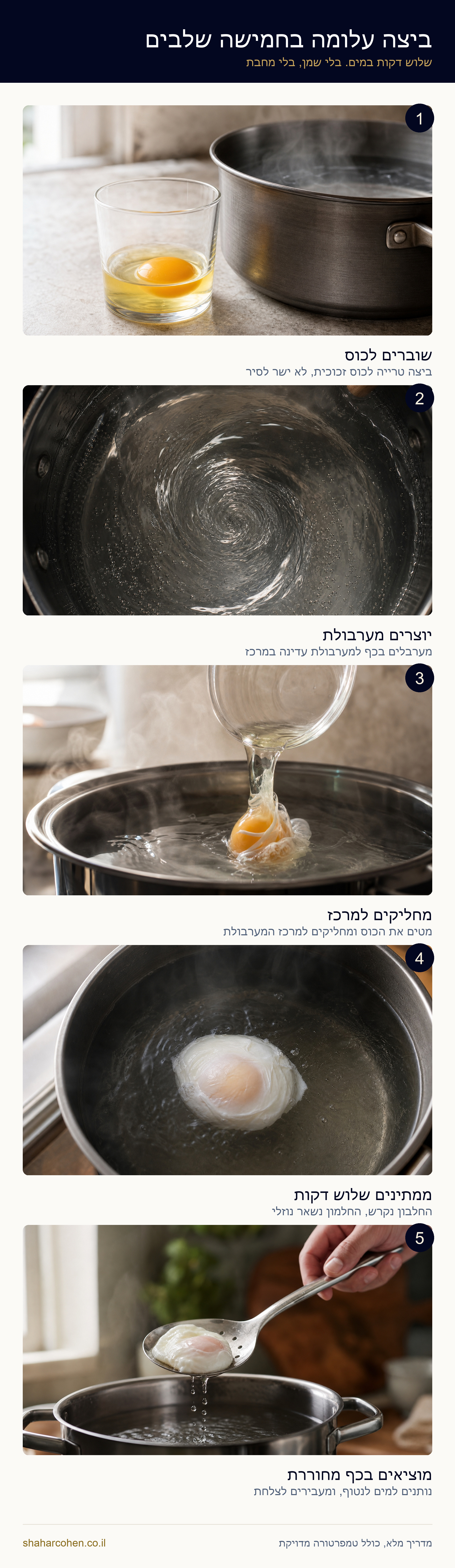 פוסטר להורדה: מדריך מצולם להכנת ביצה עלומה בחמישה שלבים, משבירת הביצה לכוס ועד הוצאתה בכף מחוררת