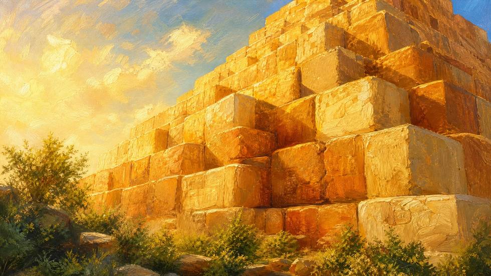 ציור שמן חם של בלוקי אבן גדולים בגווני דבש וטרקוטה, מוערמים ועולים כלפי מעלה כמו פירמידה מדורגת