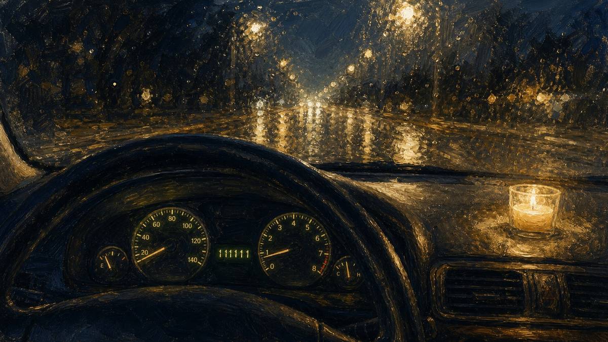 לוח מחוונים של רכב בלילה, מד המרחק זוהר ומראה 111111 מול שמשה רטובה מגשם: הרגע שבו מספרים חוזרים קופצים לעין