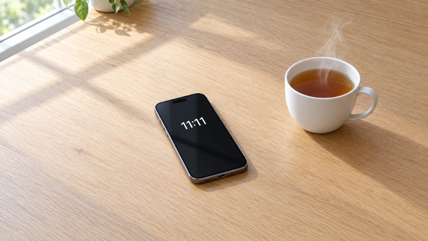 טלפון על שולחן עץ בהיר מציג 11:11 לצד ספל תה מהביל באור בוקר: רגע של עצירה ונשימה