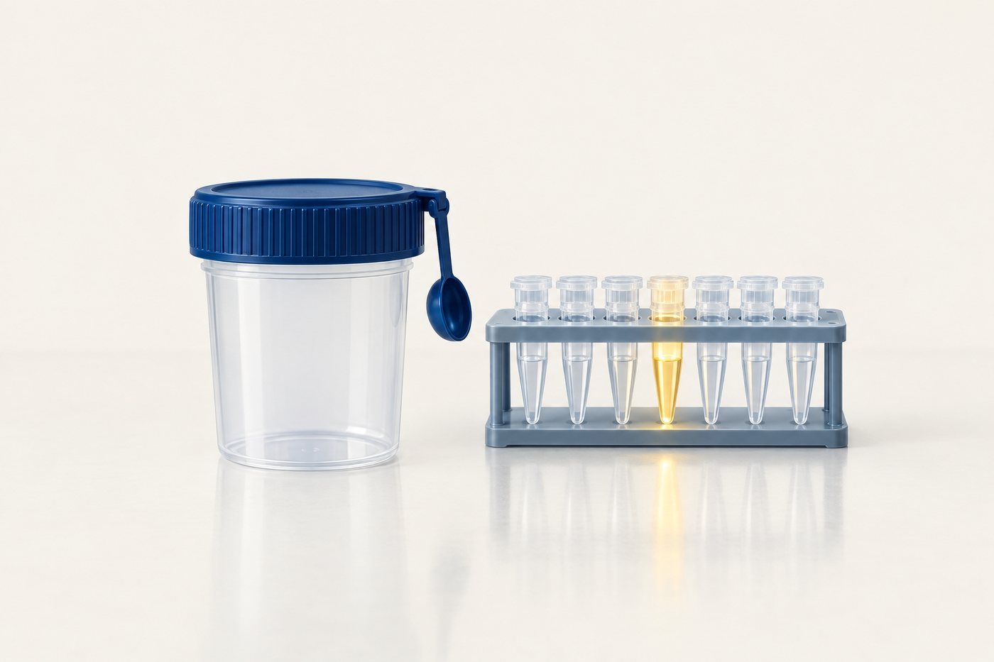 דגימה ובדיקת PCR כוס לדגימת צואה עם כפית בפקק לצד מבחנות PCR, אחת מהן מוארת בזהב, המחשה לבדיקת קלוסטרידיום בצואה