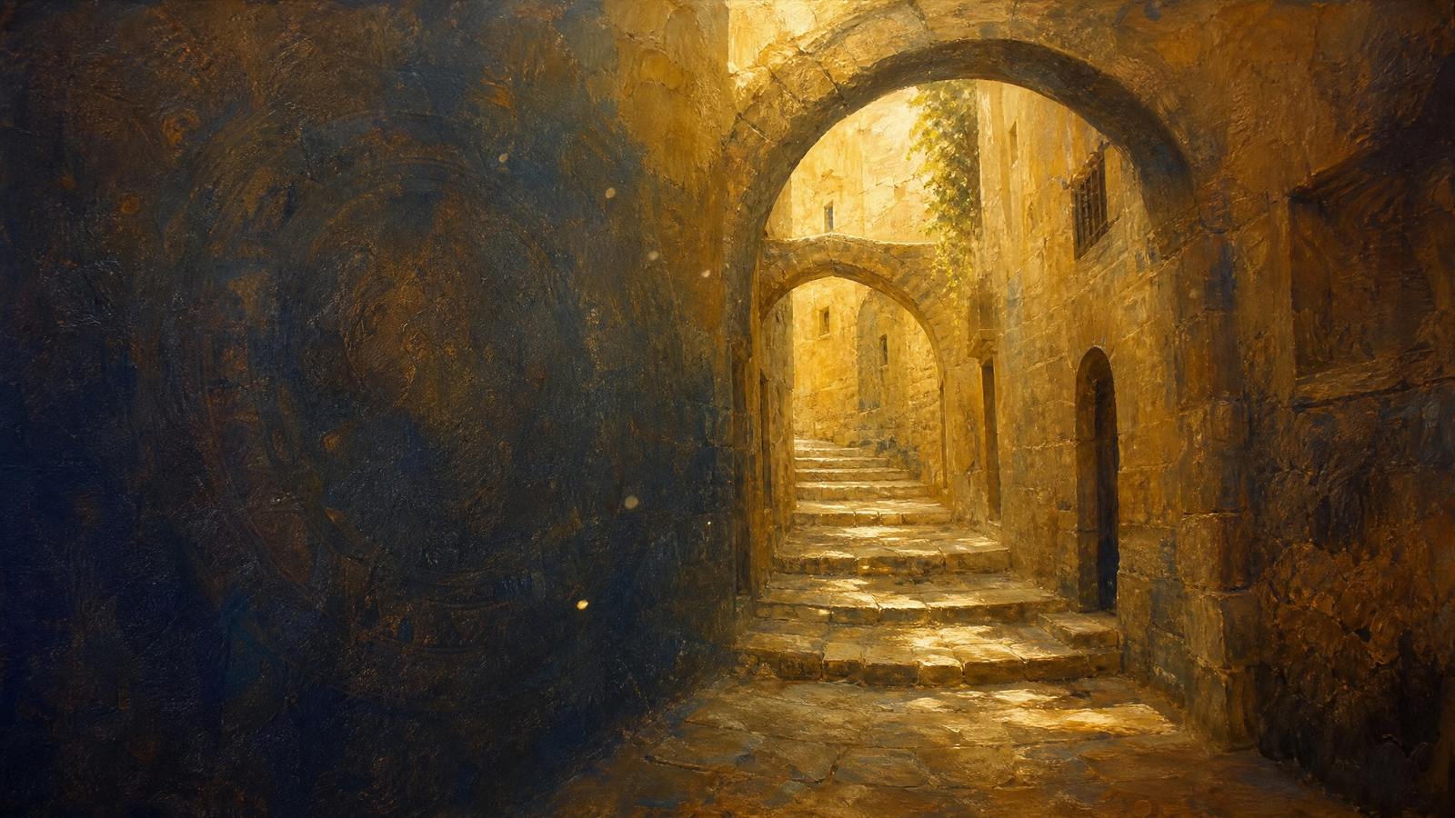 סמטת אבן בעיר העתיקה בירושלים באור בוקר רך, קשתות מעוגלות ומדרגות שחוקות, המחשה לעיר שבה חי ופעל אליעזר בן יהודה