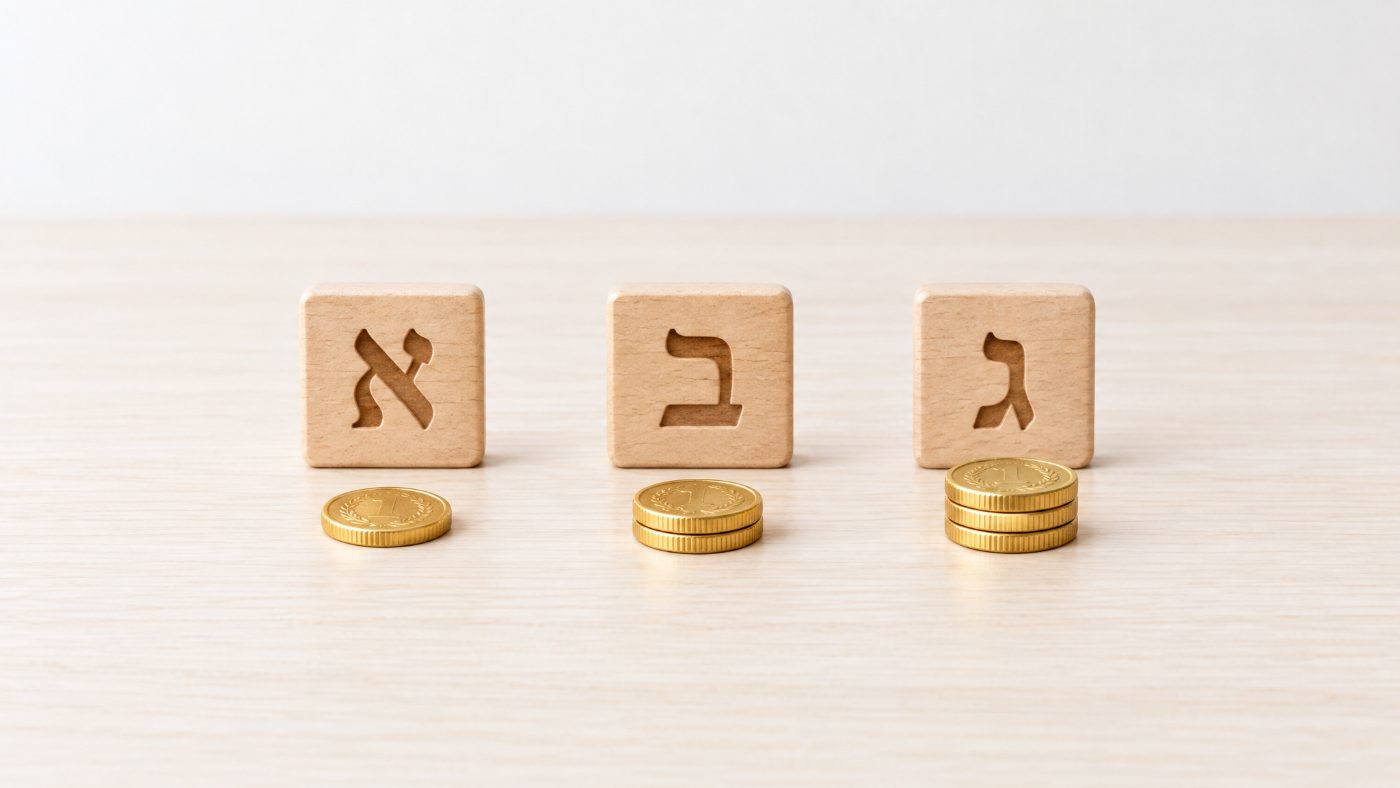 שלוש קוביות עץ עם האותיות א, ב, ג, ולפני כל אחת ערימת מטבעות זהב של אחד, שניים ושלושה: כל אות היא גם מספר