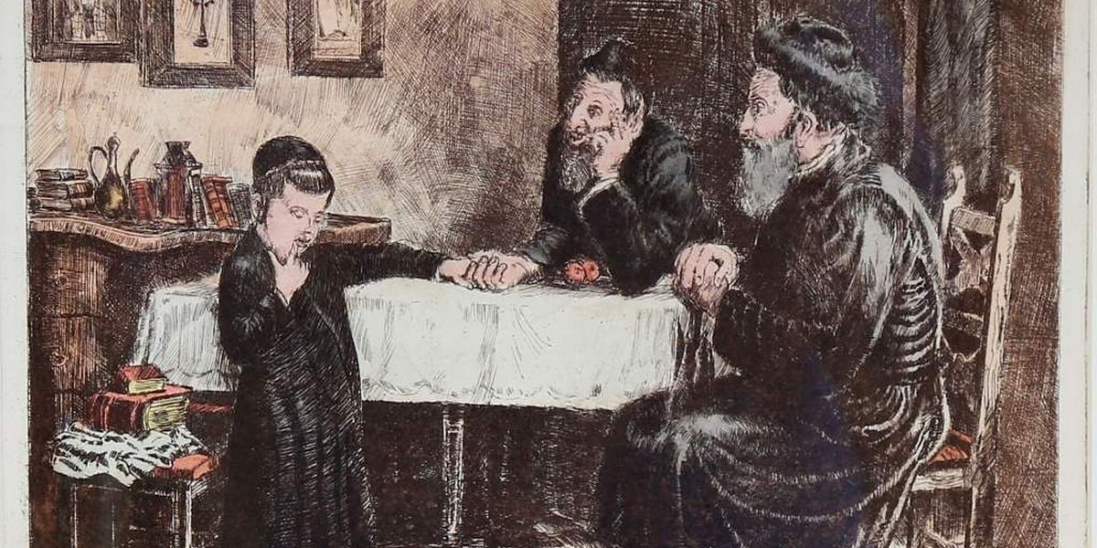 רישום של נער עומד ליד שולחן מול שני רבנים, לצד הסיפור החסידי על החוזה מלובלין שלחש לנער ארבע מילים