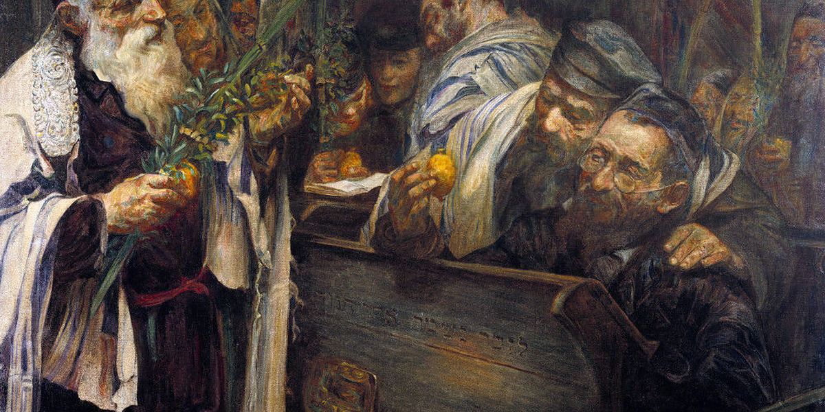 ציור שמן של מתפללים עם לולב ואתרוג בבית כנסת בחג הסוכות, לצד הסיפור החסידי לילדים על העגלון שעשה סוכה בתוך הכובע