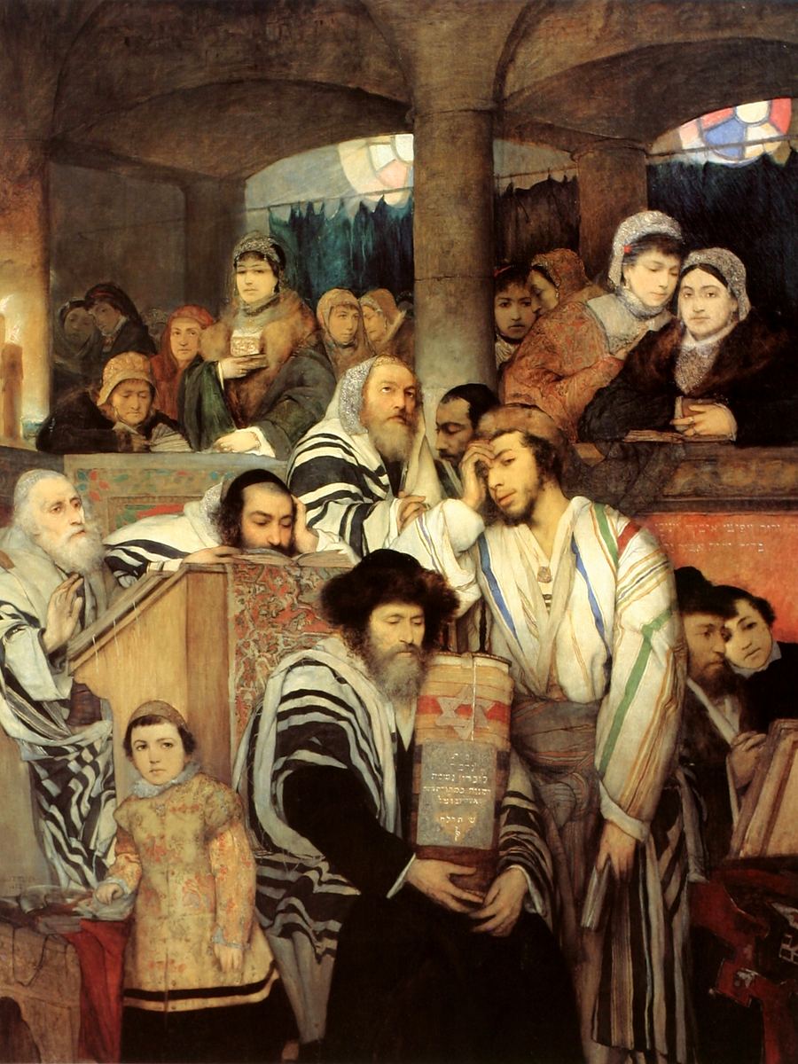 ציור שמן של מתפללים עטופים בטליתות בבית כנסת ביום כיפור ובהם נער, לצד הסיפור החסידי על הנער עם החליל אצל הבעל שם טוב