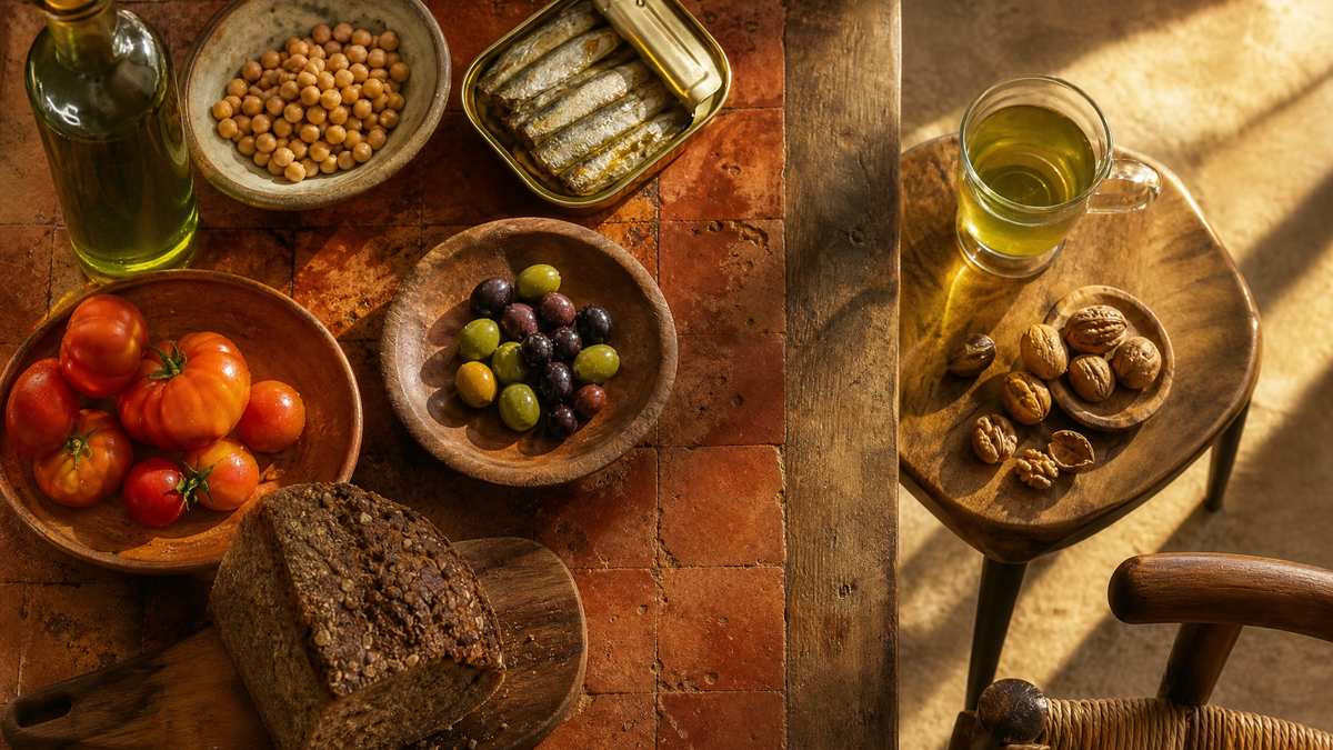שולחן ים תיכוני עם שמן זית, חומוס, סרדינים, עגבניות ולחם מלא, ולצדם תה ירוק ואגוזי מלך