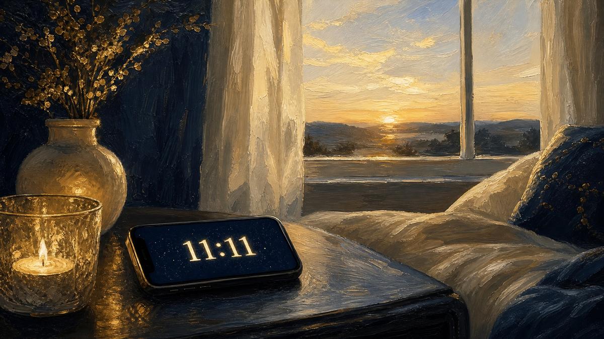 מסך טלפון על שידה חשוכה מציג 11:11, ומאחוריו חלון עם אור בוקר ראשון: מספרי מלאכים 1111 בשעון