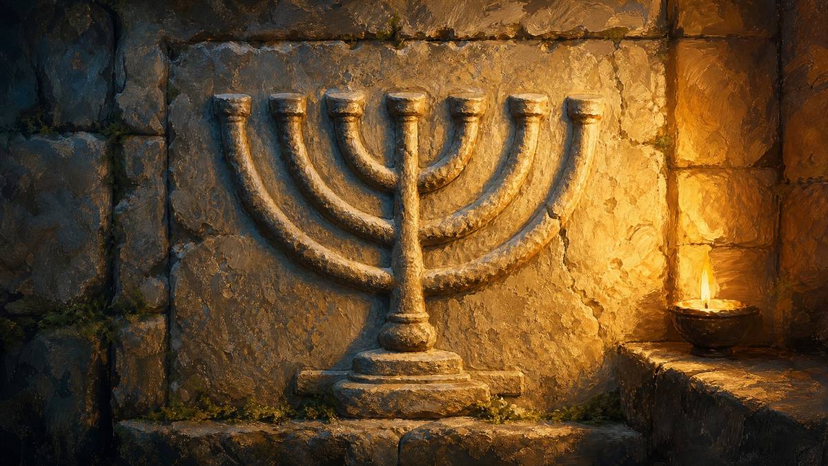 תבליט אבן עתיק של מנורת שבעת הקנים חצוב בקיר גיר, ששה קנים וקנה מרכזי אחד באור צד זהוב: מספר 7 ביהדות