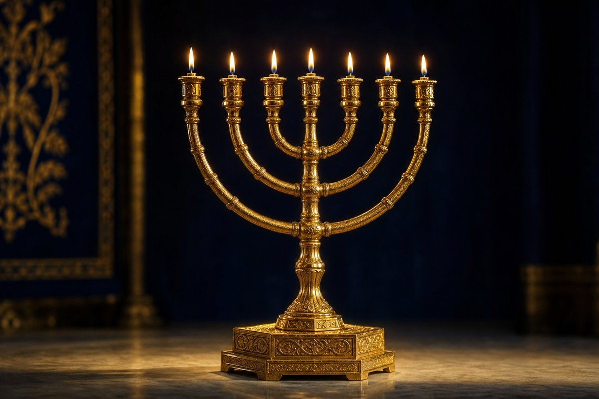 מנורת המשכן מזהב עם שבעה נרות דולקים על רקע כהה: מספר 7 ביהדות, שישה קנים ונר אחד באמצע