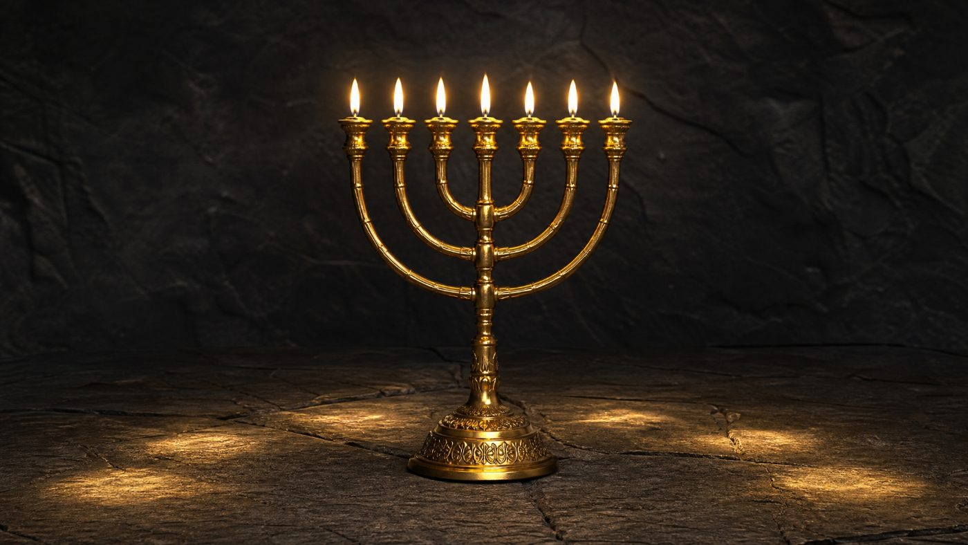 מנורת זהב בת שבעה קנים על אבן כהה, כל שבעת הנרות דולקים ומטילים שבעה עיגולי אור: כל השביעין חביבין
