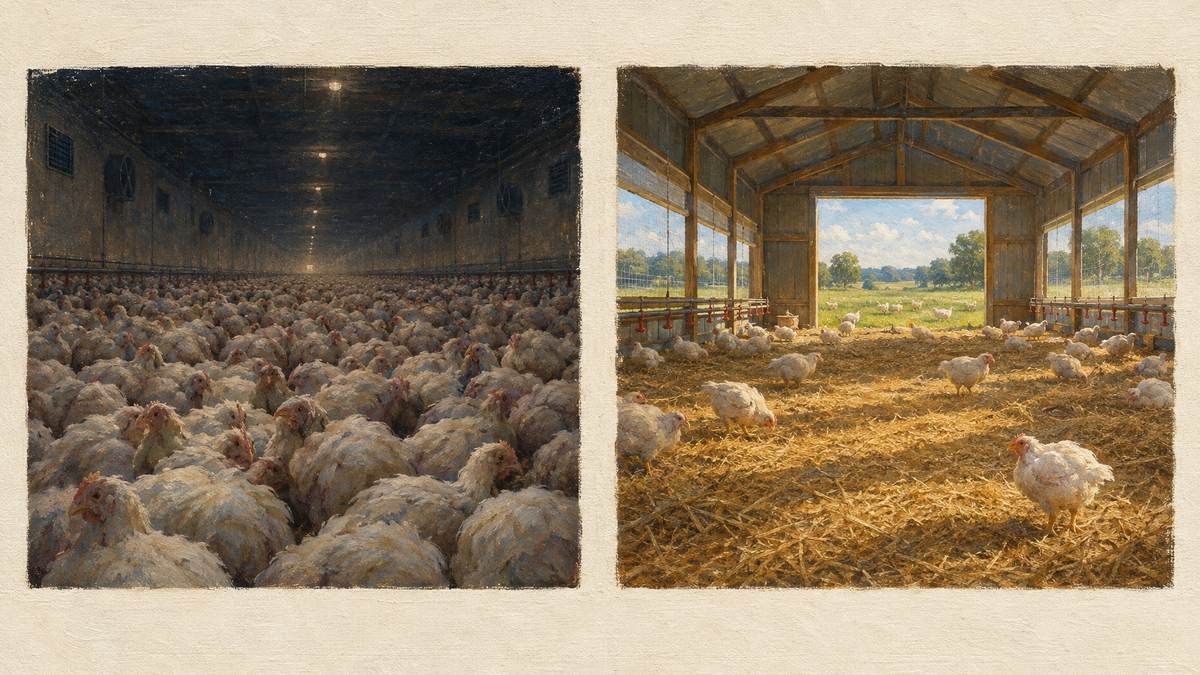 שני לולים זה לצד זה: משמאל לול סגור וצפוף שבו העופות דחוסים עד האופק, מימין לול פתוח ומרווח עם יציאה לחצר דשא