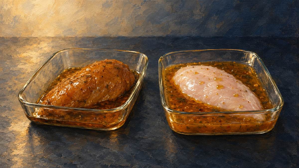 שתי צלחות זכוכית עם מרינדה: משמאל הבשר ספג אותה והכהה, מימין המרינדה נותרה כשלולית על פני פילה חיוור