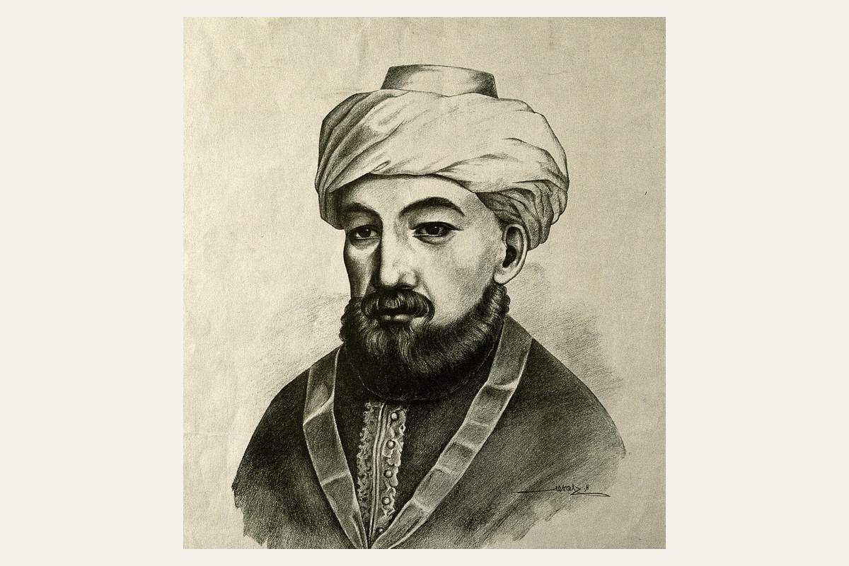 הדיוקן המסורתי של הרמב"ם, תחריט מאוסף וולקאם, הרופא בן המאה ה-12 שכתב את כללי רפואת הרמב"ם בהלכות דעות