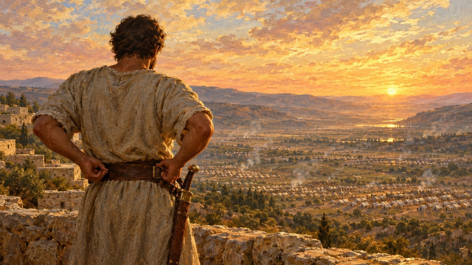גבר מהגב חוגר חגורת עור עם חרב בנדנה על ראש גבעה, ומתחתיו עמק מלא אוהלים של צבא עם שחר, ציור שמן. אל יתהלל חוגר כמפתח