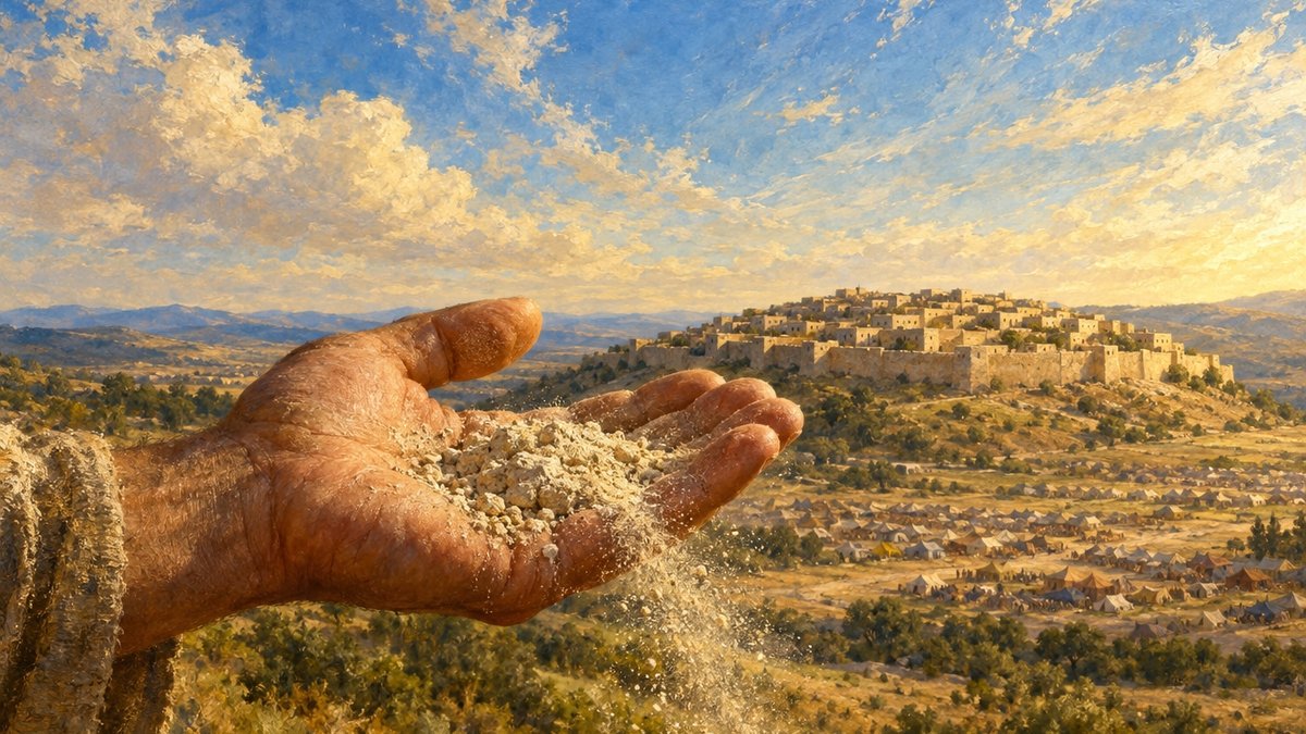 כף יד פתוחה מחזיקה חופן עפר שמתפזר ברוח, ומאחוריה עיר מוקפת חומה על גבעה ועמק מלא אוהלים, ציור שמן
