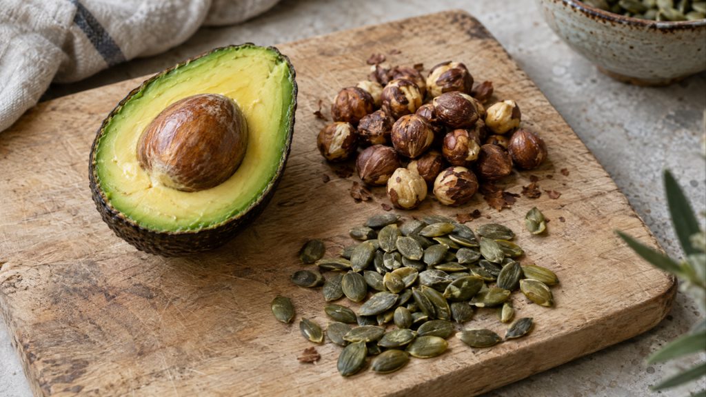חצי אבוקדו, אגוזי לוז וגרעיני דלעת על קרש