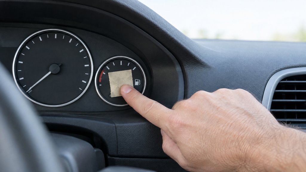 לוח מחוונים של רכב, ואצבע מדביקה נייר דבק על מד הדלק ומסתירה את המחוג, בלי לשנות את כמות הדלק במכל