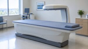מכשיר לבדיקת צפיפות עצם (DEXA) בחדר בדיקה מואר: הבדיקה שאומרת מה מצב העצם, יותר מבדיקת סידן בדם
