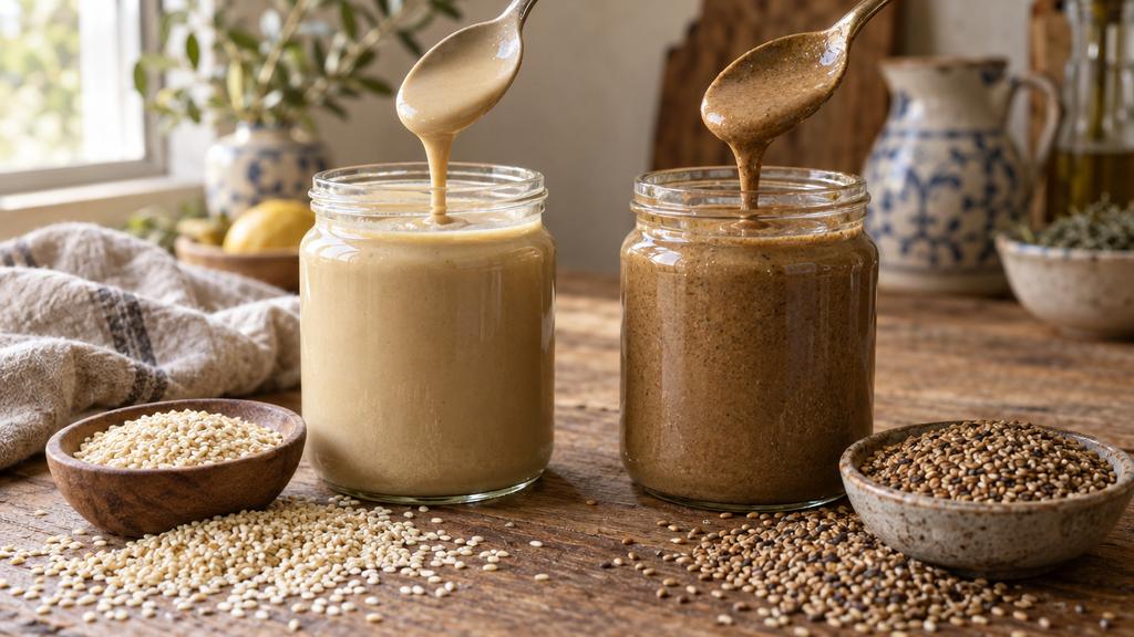 שתי צנצנות טחינה, בהירה משומשום קלוף וכהה משומשום מלא, עם גרגירי שומשום: בטחינה המלאה יש פי שישה סידן