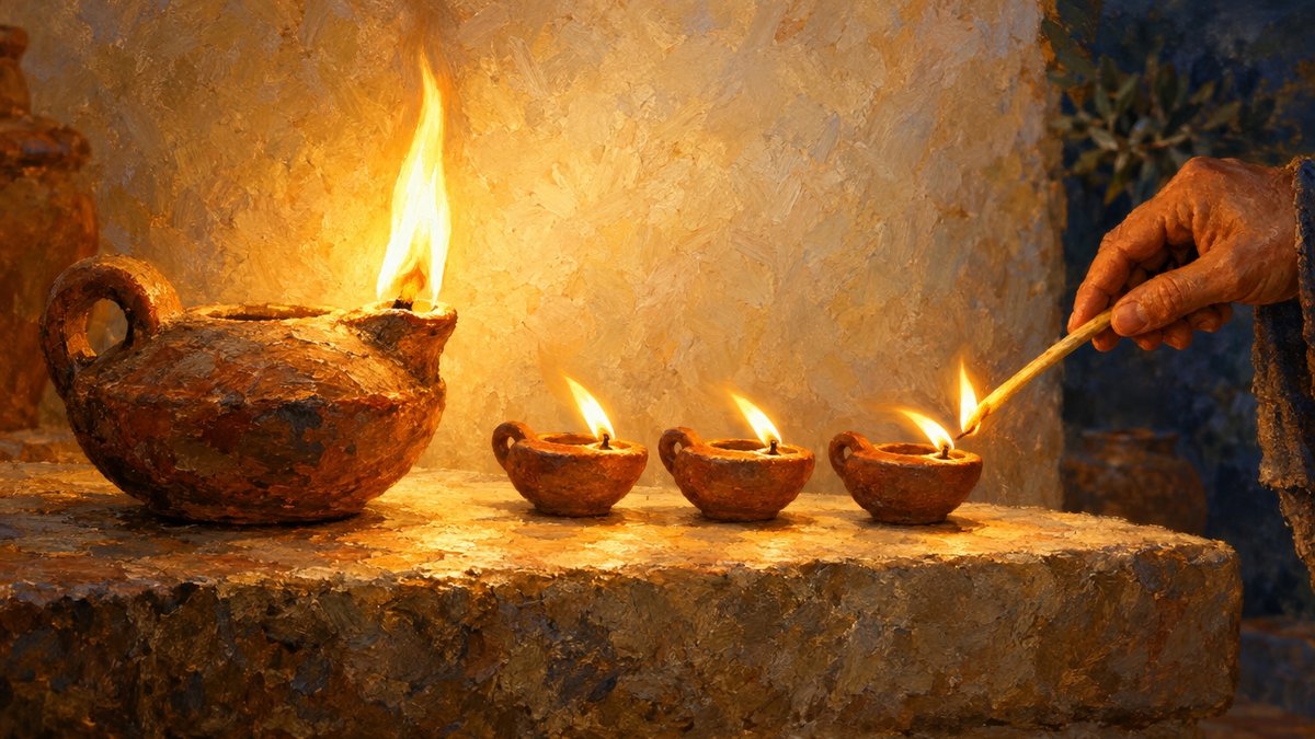 נר חרס גדול דולק ולצידו שלושה נרות חרס קטנים, ויד מדליקה את השלישי, ציור שמן. מתוך דף הפסוק חזק ואמץ