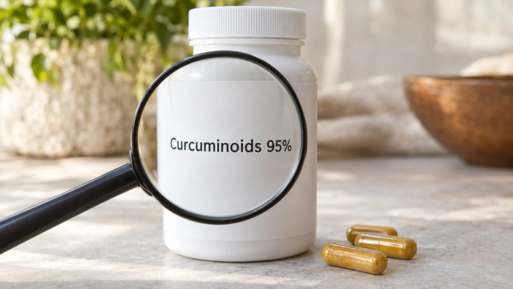 זכוכית מגדלת על תווית בקבוק תוסף שכתוב עליה Curcuminoids 95%