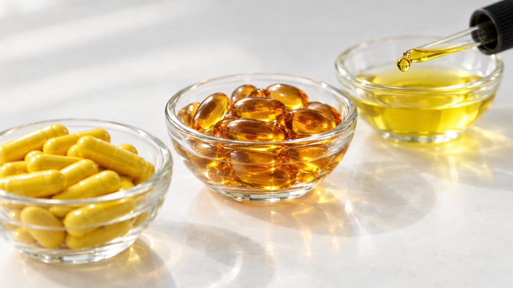 שלושה סוגי כמוסות צהובות בצלוחיות זכוכית: קשה, רכה ונוזל
