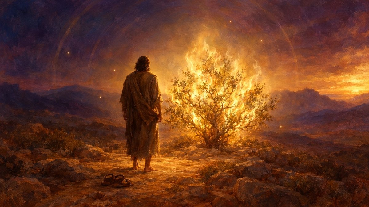 דמות בודדה הנראית מאחור, יחפה על קרקע סלעית מול שיח עטוף להבות זהב שאינן אוכלות אותו, סנדלים מונחים על הקרקע, שמי דמדומים, ציור שמן. המחשה לפתיחת עדשת הפשט בדף אהיה אשר אהיה
