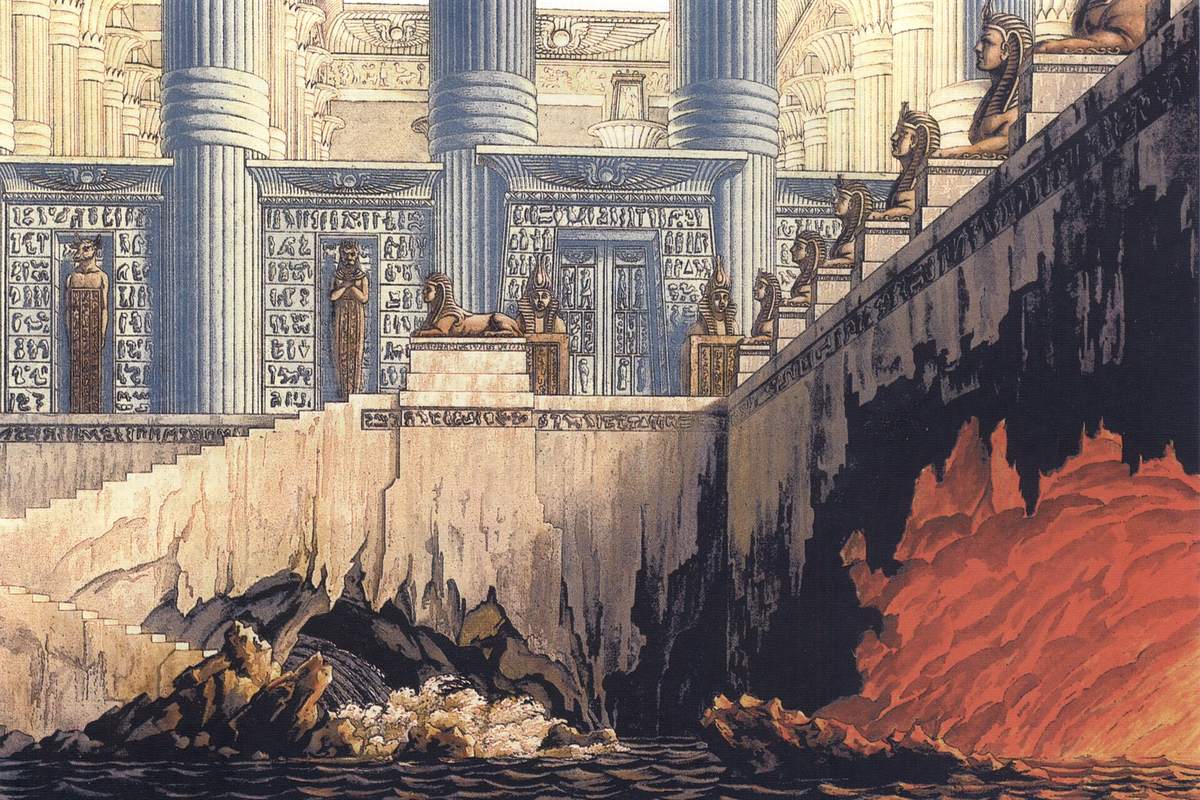 ציור תפאורה מ-1817 של קרל פרידריך שינקל: מקדש מצרי עם ספינקסים, ומתחתיו מערת מים ומערת אש, מבחני ההתקדשות כפי שאירופה דמיינה אותם