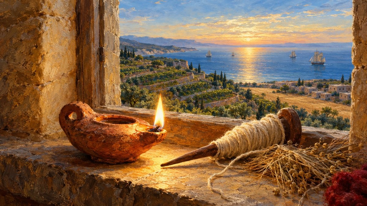 נר שמן דולק ופלך עם צמר על אדן חלון, ומאחוריהם כרם, שדה ואוניות בים עם שחר