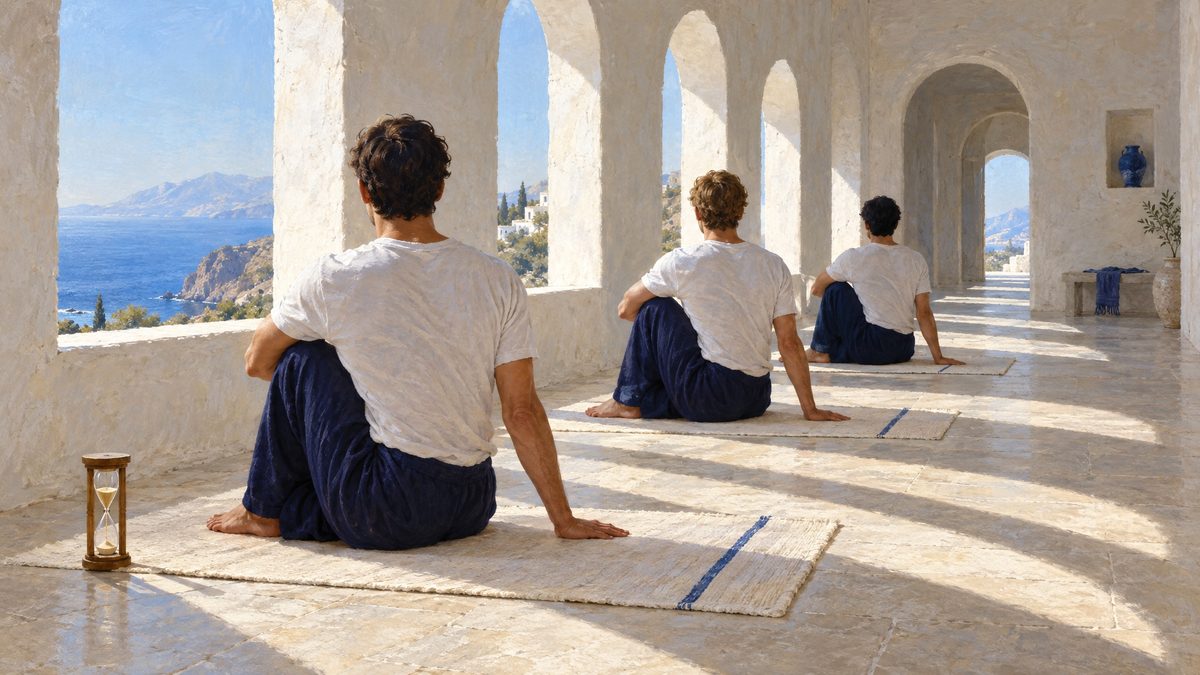 שלושה מתרגלים יושבים בפיתול ונשארים בתנוחה, ולידם שעון חול שהחול בו זורם. כך נראית ההחזקה בשיעור האטה יוגה.