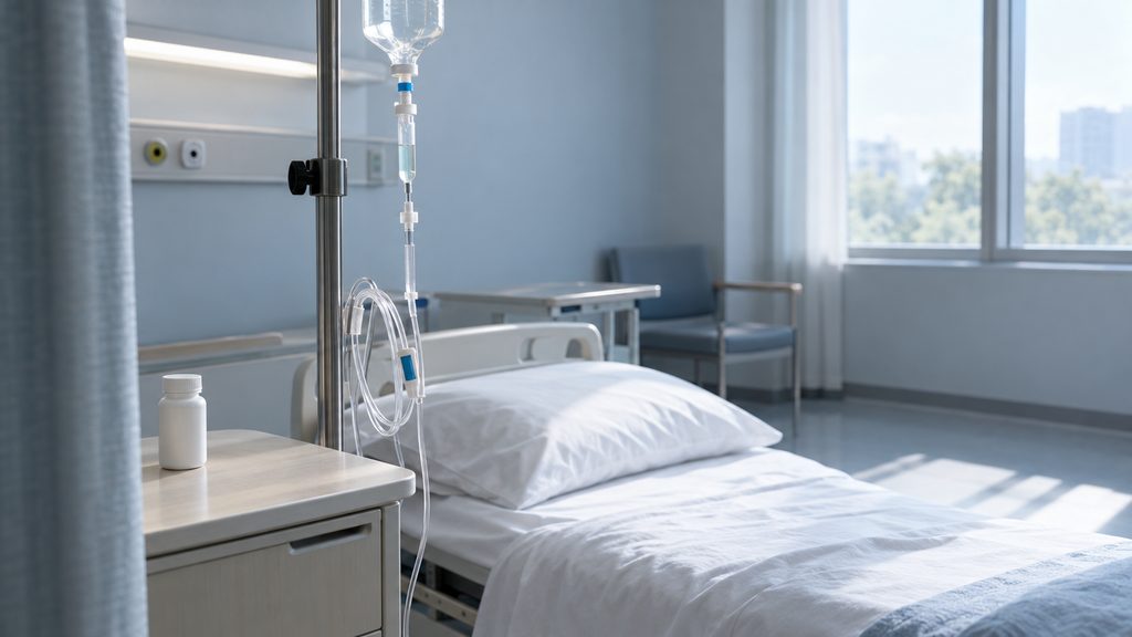 חדר בית חולים ריק עם עמוד עירוי וסט צנתר מרכזי, ובקבוק כמוסות על השידה